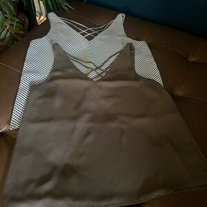Express Olive Green & Black White Polka Dot Crisscross Tank Tops